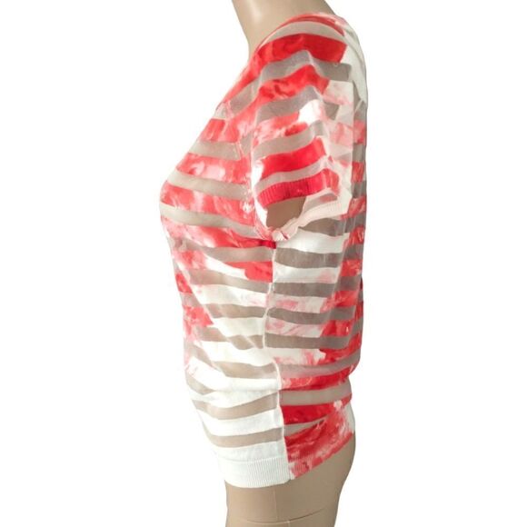 Red White Striped Top Small Mesh Sheer Stripes Tie Dye Lightweight Knit Pullover - Picture 10 of 16
